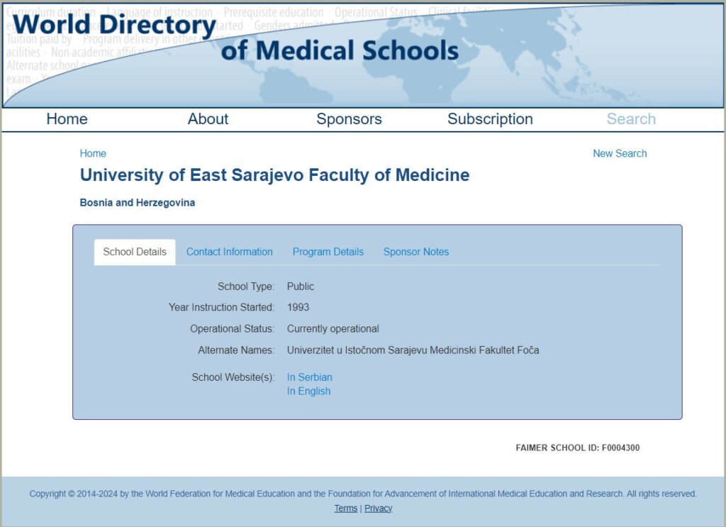 University of East Sarajevo Faculty of Medicine listed in the WDOMS
