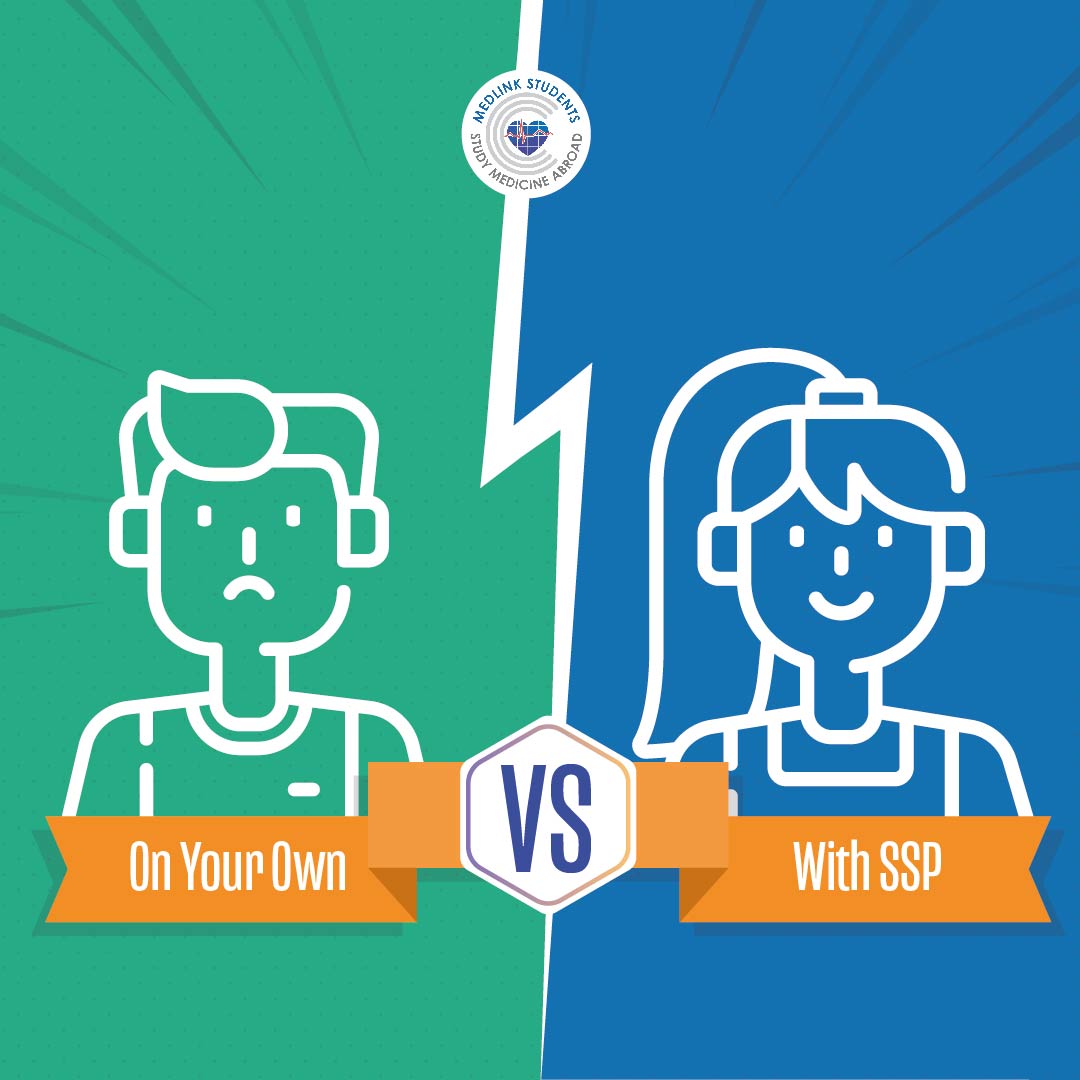 A split graphic comparing a sad student "On Your Own" with a happy student "With SSP" under the Medlink Students programme.