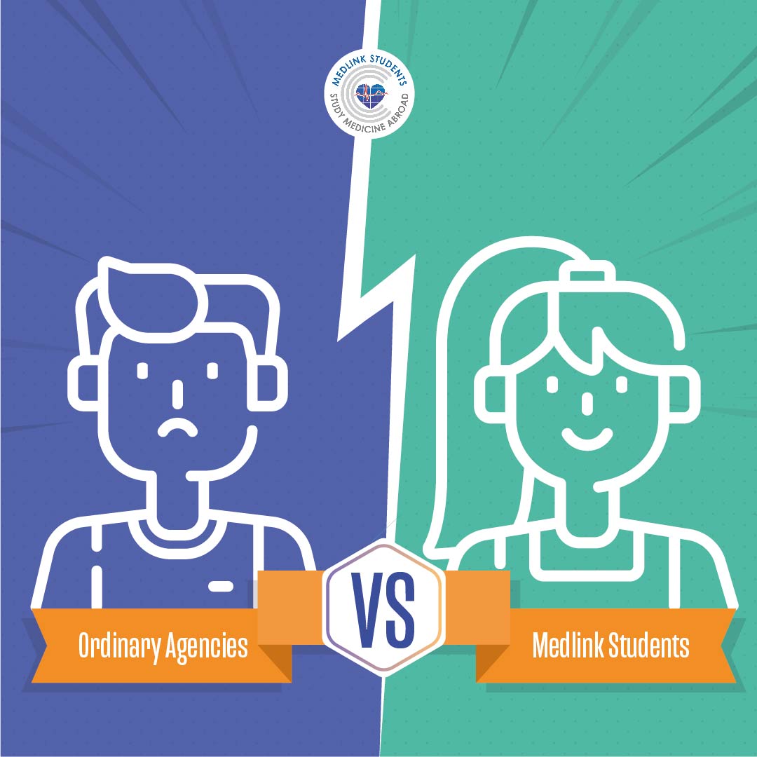 A split graphic showing a sad student under "Ordinary Agencies" and a happy student under "Medlink Students."